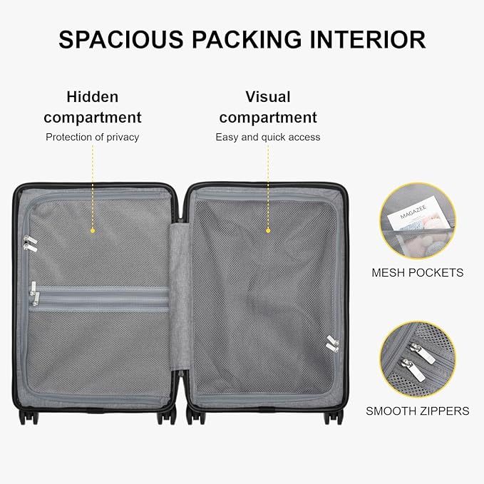 LEVEL8 Carry on Luggage Airline Approved, Small Carry-on Suitcases with Wheels, Lightweight Hardside Luminous Textured with Spinner Wheel, Tsa Lock, 18 Inch, Black