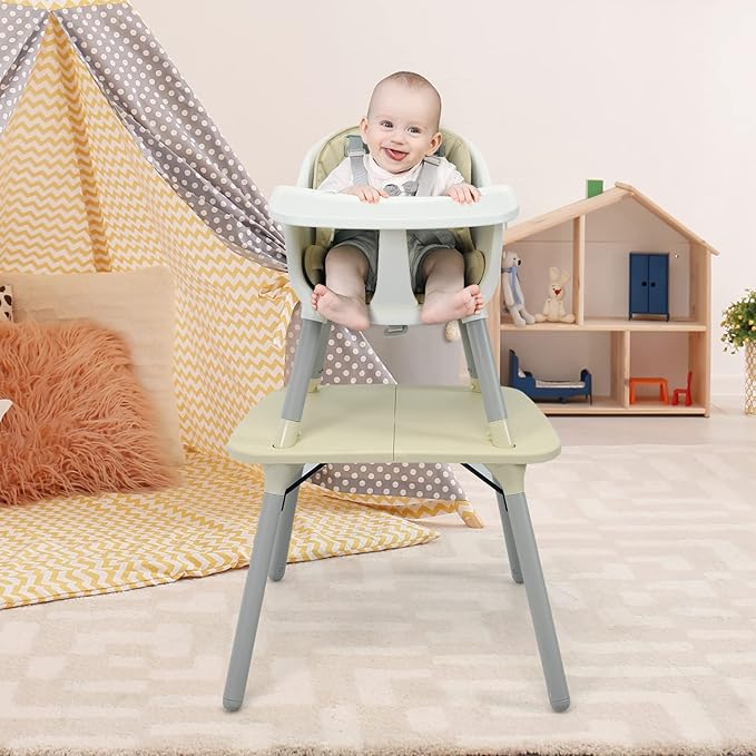 HONEY JOY 5-in-1 High Chair, Convertible Highchair for Babies and Toddlers/Kids Chair Table Set/Infant Feeding Chair w/Safety Harness, PU Leather Cushion & Removable Food Tray (Beige)