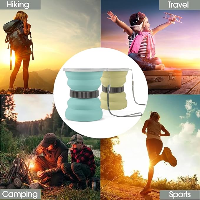 IYYI Collapsible Travel Cup, 10.5oz Foldable Cup with Lid, Silicone Folding Cups for Camping, Hiking, Outdoors, Travel, Portable Camping Cup Set (Green+Sage)