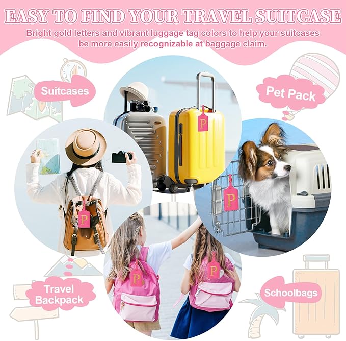 Personalized Rose Red Leather Initial Luggage Tags - Cute Embroidered Custom Monogram Tags for Suitcase, Travel Backpack