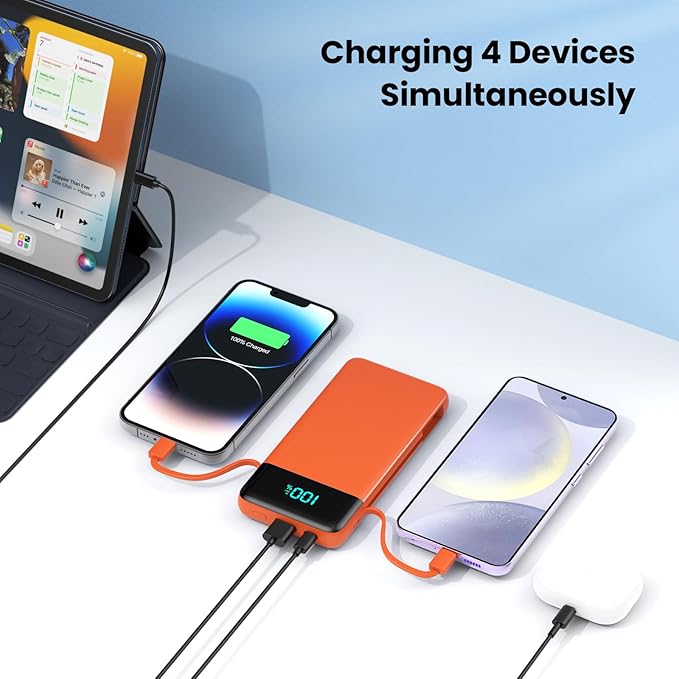 Portable Charger for iPhone with Built in Cables and Wall Plug,Upgraded 13800mAh Fast Charging USB C Power Bank,4 Outputs Travel Essential Battery Pack Compatible with iPhone 15/14/13,Android-Orange