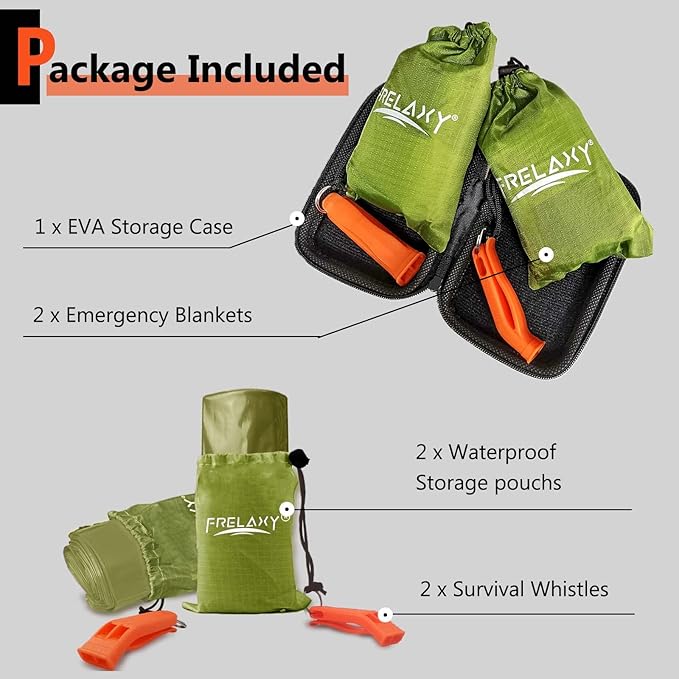 Frelaxy Emergency Blanket 2-Pack/4-Pack, Extra-Thick Extra-Large Space Blankets with Whistles, Storage Pouchs, and EVA case