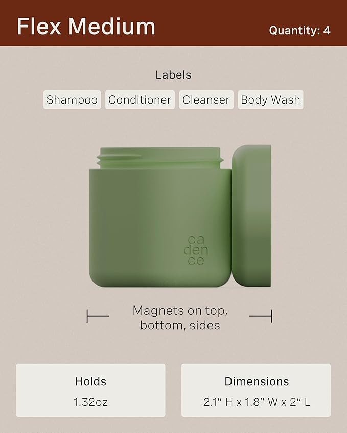 Cadence Travel Containers - Daily Routine Capsule Set - Magnetic Containers with Lids,4 Flex Mediums (1.32oz) & 3 Flex Smalls (0.56oz) - Shampoo, Conditioner, Body Wash, Pills, & More - Sand
