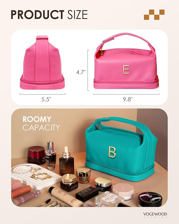 Birthday Gift for Women, Personalized Makeup Bag with Handle, Initial Double Layer Cosmetic Bag with Makeup Brush Organizer, Cute Cosmetic Pouch for Women, Gift for Friends Female