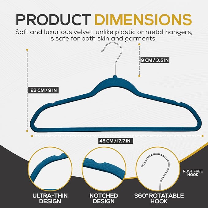 Premium Velvet Hangers 50 Pack Ultra Thin Non Slip Adult Felt Space Saving Slim Suit Hanger for Closet Heavy Duty Coat Pants Jackets Dress Hangers 360° Swivel Hook Hold Upto 10 lbs Blue