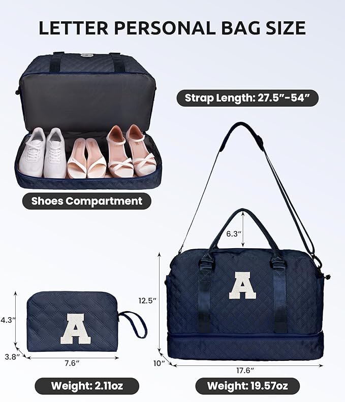 Gifts for Friends - Initial Duffle with Shoe Compartment, Personalized Weekender, Monogram Overnight, Travel Bag with Makeup Bag, Birthday Gift for Daughter/Sister (Letter I)