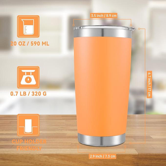 20 oz Tumbler Stainless Steel Tumblers with Lid Double Wall Vacuum Insulated Coffee Mug 20oz Powder Coated Cup for Hot and Cold Drinks, Orange, 1 pack