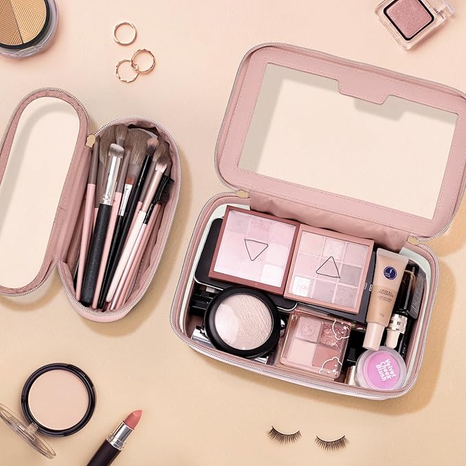 Travel Clear Makeup Bag with Makeup Brush Bag, Leather Makeup Case Toiletry Bag, Portable Cosmetic Bag Case, Transparent Waterproof Cosmetic Organizer Storage Bag for Women, Pink