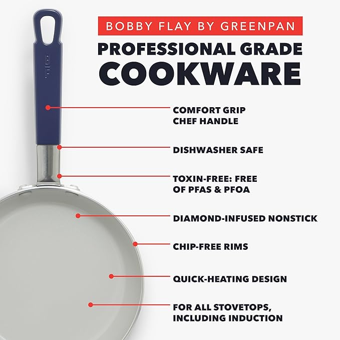 GreenPan x Bobby Flay 13 Piece Nonstick Cookware Pots and Pans Set, PFAS-Free Diamond Ceramic, Induction Suitable, Easy Clean Dishwasher & Oven Safe, Stay-Cool Silicone Handles, Glass Lids, Navy Blue