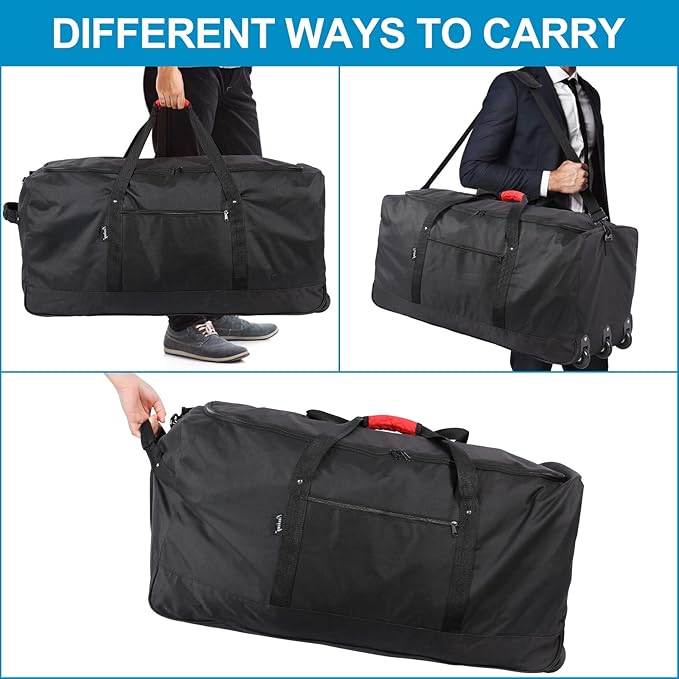 Finnhomy 120L Foldable Rolling Duffel Bag with 3 Wheels, Light Weight Travel Duffel bag with Large Loading Capacity, 32 inch Rolling Duffel bag with Shoulder Strap for Travel Camping Sports