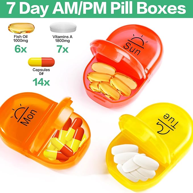 Serfeymi Weekly Travel Pill Organizer 2 Times A Day AM PM Upgraded Rainbow Pill Box 7 Day with Portable Zipper PU Leather Pill Case, Medicine Organizer for Pills, Vitamins, Fish Oils - Brown 02