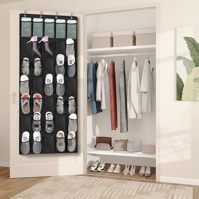 FENTEC 35 Large Pockets Over The Door Shoe Organizer, Mesh Hanging Shoe Organizer Shoe Rack for Closet Mesh Closet Shoe Holder, Over Door Organizer, Shoe Organizer for Wall, Black, 1 Pack