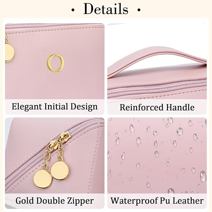Birthday Gifts for Women Teen Girl, Personalized Initial Makeup Organizer Bag Set, Open Flat Travel Cosmetic Bag With Clear Divider and Handle(Pink,O)