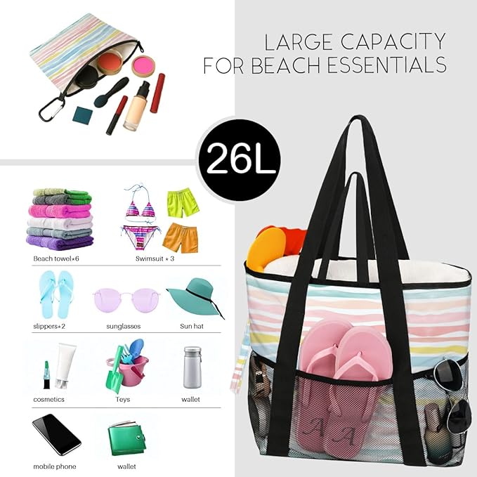 Sandproof Beach Bag with Zipper - 8-Pocket Waterproof Tote for Women & Family | Foldable Travel Swim Bag (Gift-Ready)
