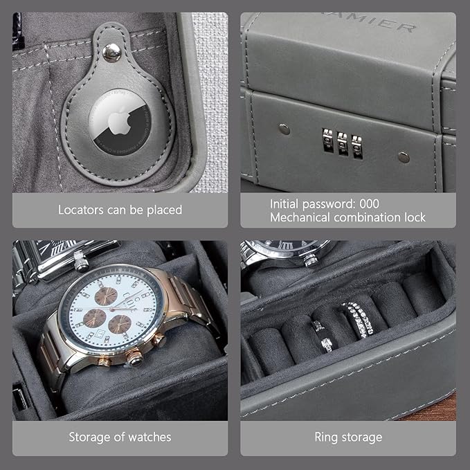 KAMIER Watch Case with Combination Lock - 4 Watch Storage and Jewelry Organizer - Watch Travel Case for Ring and Watch Storage, PU Leather Travel Watch Case, Ideal for Gift (With Gift Box), Grey