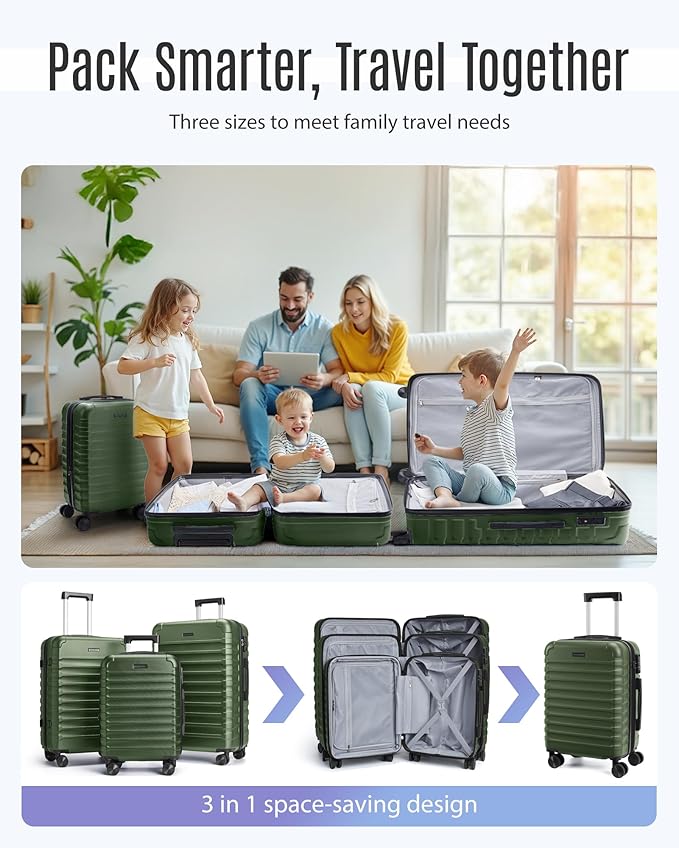 LIGHT FLIGHT Luggage Sets, 3 Piece Durable Suitcase Set with Spinner Wheels, 3 Pcs Hardside Lightweight luggage with TSA Lock, Large Checked Travel Suitcases, 20/24/28 Inch, Pine Green