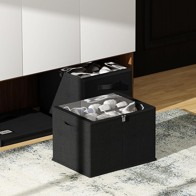 2 Pack Shoe Organizer for Closet - Shoe Storage Bins with Clear Cover, Fabric Shoe Storage Containers with Reinforced Handles, Fits up to 24 Pairs (Black, 16.5 * 12.6 * 12.2in)