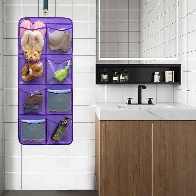 Dual-Sided Hanging Closet Organizer for Socks Underwear Bra Kids Storage Organizer for Baby Clothes Toddler Shoes with 26 Pockets (Purple-Clear Pockets)