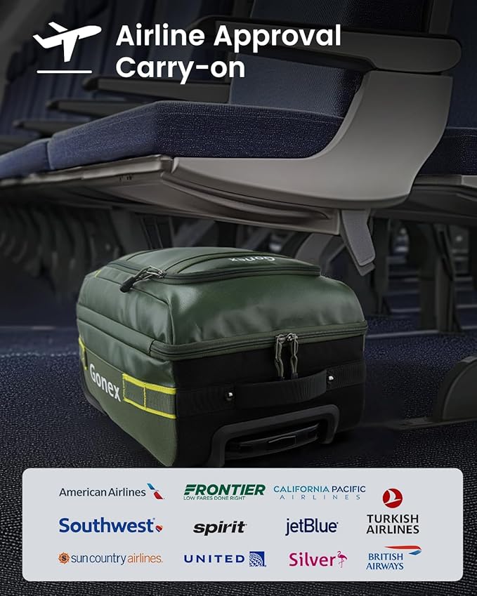 Gonex Waterproof Underseat Carry on Luggage with Wheels, 16 inch PVC Small Wheeled Travel Luggage for Airline, Rolling Overnight Weekender Suitcase for Men Women 30L, Olive Green