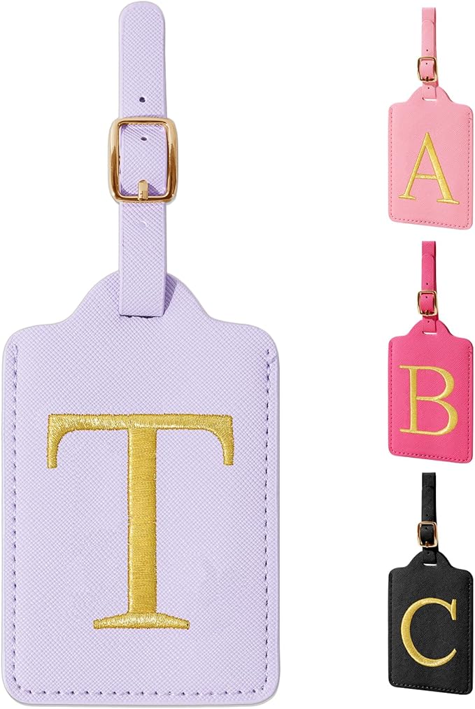 Personalized Initial Luggage Tags for Suitcase, Purple Leather Cute Luggage Tags with Privacy Cover Name Card, Embroidered Custom Monogrammed Luggage Tag Travel Backpack Tags Gifts for Women Kids(T)