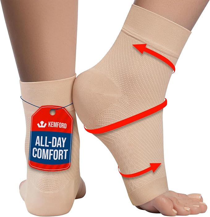 KEMFORD Ankle Compression Sleeve - Plantar Fasciitis Braces - Open Toe Compression Socks for Swelling, Sprain, Neuropathy, Foot Arch Support for Men and Women - 15-20mmhg, XL, Beige