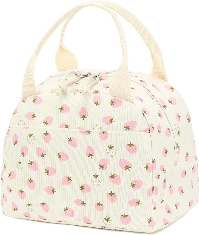 Bluboon Lunch Bag for Women Men Cute Corduroy Lunch Tote Bags Reusable Insulated Lunch Box Large Capacity Reusable Insulated Cooler for Work Picnic or Travel (Beige strawberry)