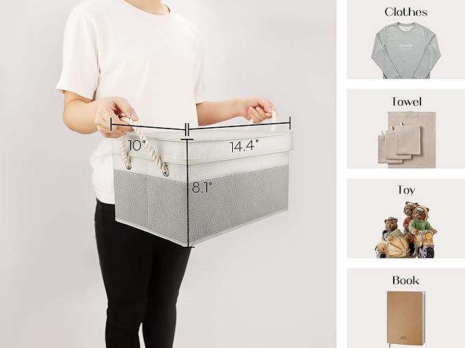LoforHoney Home Fabric Storage Bins with Lids for Organizing, Foldable Closet Storage Boxes for Shelves, Clothes Baskets with Cotton Rope Handles, Large, Beige & Gray, 4-Pack