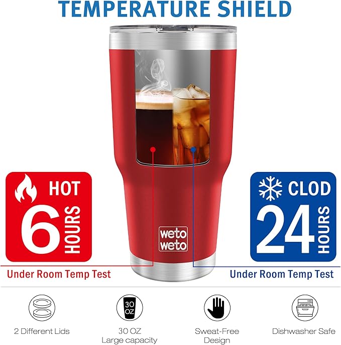 WETOWETO 30 oz Insulated Tumbler With 2 Lids and 2 Straws, Stainless Steel Double Vacuum Coffee Tumbler Cup, Powder Coated Travel Mug for Home, Office, Travel, Party (Harvest Red, 1 Pack)