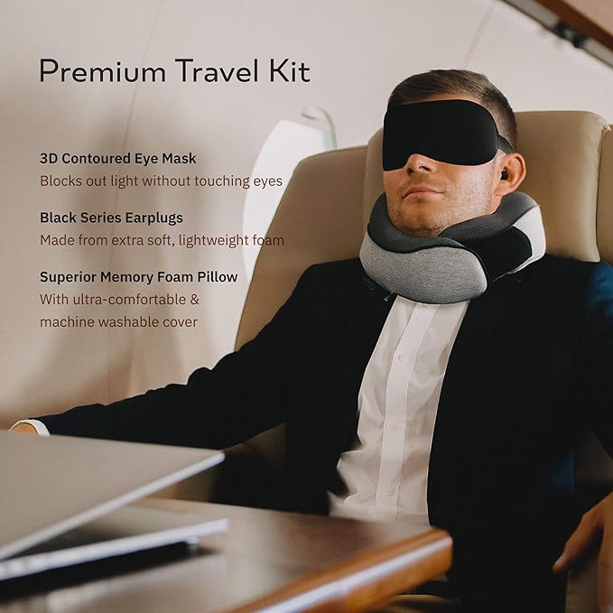 Travel Neck Pillows for Airplanes, Sleeping Essentials for Long haul Flights, 360° Head Support, Car and Airplane Kit with 3D Contoured Eye Mask, Earplugs and Luxury Mesh Bag (Adult, Grey)