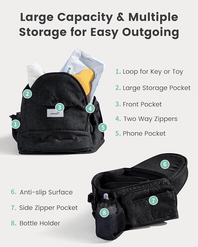 GROWNSY Ultra-Comfy Baby Carrier with Hip Seat, Enhanced Safety, Hands-Free Support for Newborn to Toddler (0-50 lbs), Multiple Pockets, Ergonomic, Adjustable Waistband, Minimalist Design – Black