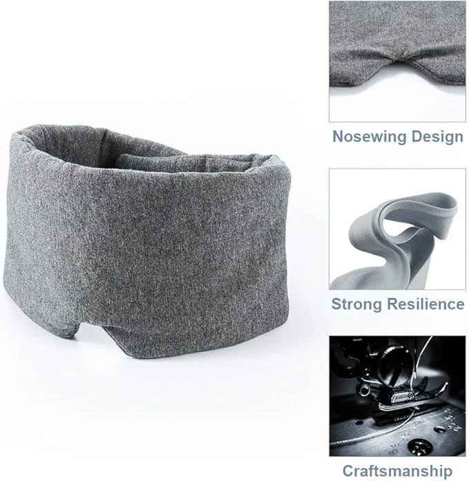 FRESHME Cotton Sleep Eye Mask for Women Men - 100% Blocking Light Travel Blindfold, Soft Zero Pressure Grey Eyes Cover with Adjustable Velcro Strap for Side Sleeper Night Sleeping, Work Nap and Yoga