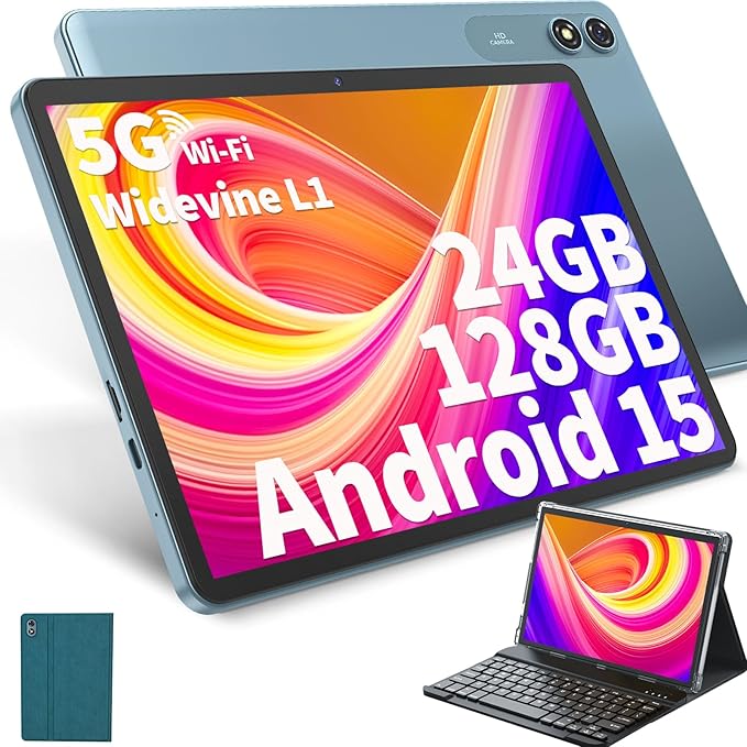 Android Tablet with Keyboard, Android 15 Tablet 10 inch with 24GB+128GB, 1TB Expand, 8-Core, 8000mAh, 5G WiFi, Widevine L1, GMS, with Case, Keyboard, Mouse, Stylus(Green)