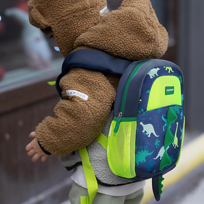 mommore Toddler Backpack for Boys 2-4 Small Cute Dinosaur Backpack with Kids Leash, 3D Cartoon Preschool Kindergarten Bookbag for Pre-k, Green