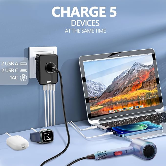 220V to 110V Voltage Converter US to Europe for Hair Dryer with Fast Charging 2 USB A 2 USB C, Power Converter Adapter Combo International Travel Adapter C A G I (Black)