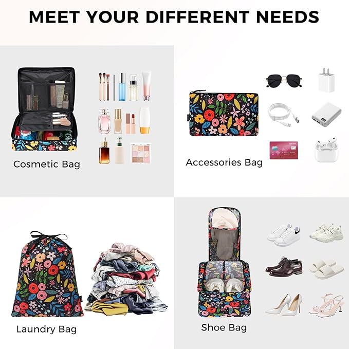 BAGAIL 8 Set Packing Cubes Luggage Packing Organizer Bags for Travel Accessories-Black Floral