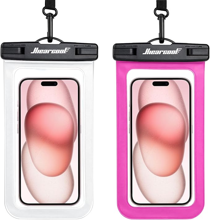 Hiearcool Universal Waterproof Phone Pouch,IPX8 Cell Phone Waterproof Case Up to 8.3" for iPhone 16 15 14 13 Pro Max,Beach Essentials Vacation Must Haves-Clear&Bright Red-2Pack