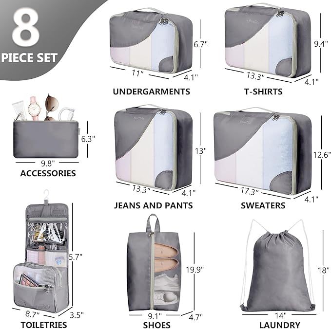 8 Set Packing Cubes for Travel, Gifts for Men,Anti-Tearing Suitcase Organizer for Luggage with Shoe & Hanging Toiletry Bag, OlarHike Vacation Accessories for Cruise, Travel Essentials for Men, Grey