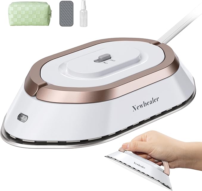 Newbealer Travel Iron with Dual Voltage - 120V/220V Lightweight Dry Iron for Clothes (No Steam), Non-Stick Ceramic Soleplate, 302℉ Heat Press Machine, w/Spray Bottle, Pouch & Silicone Stand (White)