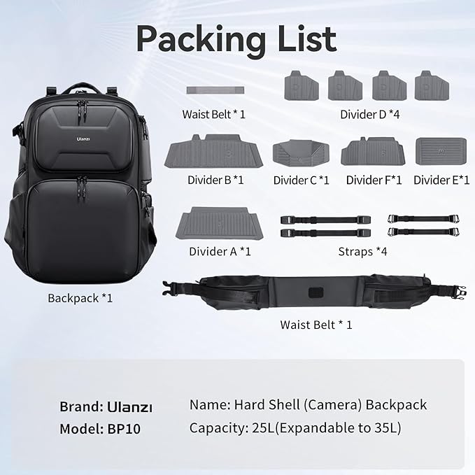 ULANZI BP10 Hardshell Camera Backpack 35L for DSLR Professional Photography Video Accessories Travel Tripod Strorage Large Splash-proof Hardshell Bag for Sony Canon Women Men w Tripod&Laptop Holder