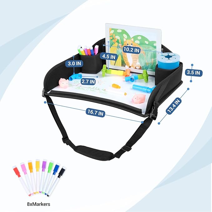 COOLBEBE Kids Travel Tray for Toddler Car Seat, Travel Tray for Airplane, Toddler Car Seat Lap Tray, Carseat Table Tray for Kids Travel Activities (Black -2PCS)