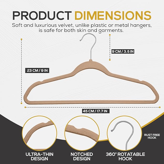 50 Pack New Premium Quality Velvet Hangers Ultra Thin Non Slip Adult Felt Space Saving Hangers for Closet Heavy Duty Coat Pants Dress Hangers 360° Swivel Hook Hold Upto 10 lbs Warm Taupe