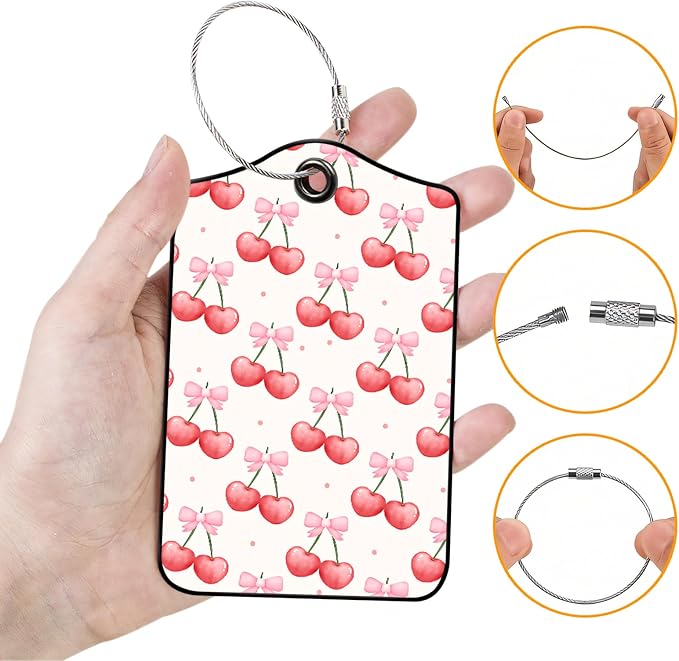 Luggage Tags for Suitcases, 2-Pack PU Leather for Cruise & Travel, Baggage ID Tags with Privacy Cover & Address Card, Durable Metal Ring, Kids Adults Travel Accessories, Sweet Bow Cherries