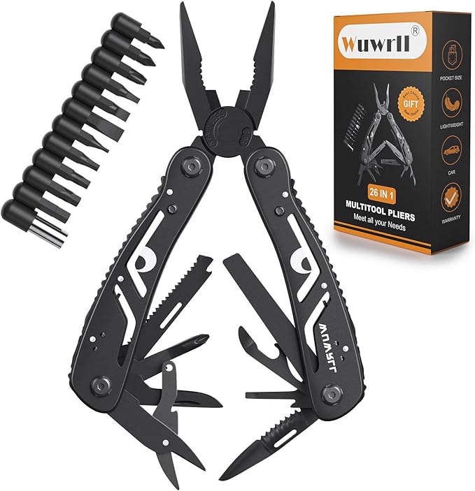 26-in-1 Multitool，Professional Stainless Steel Multi Tools ，Multitool Pliers Pliers Pocket Knife with Heavy Duty Screwdriver Sleeve, Replaceable Bits Multitools for Outdoor, (black)