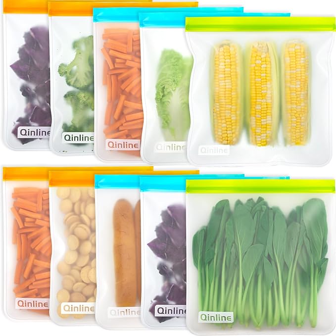 Reusable Gallon Food Storage Bags - 10 Pack Extra Thick Reusable Gallon Freezer Bags Leakproof Plastic Free Lunch Bag