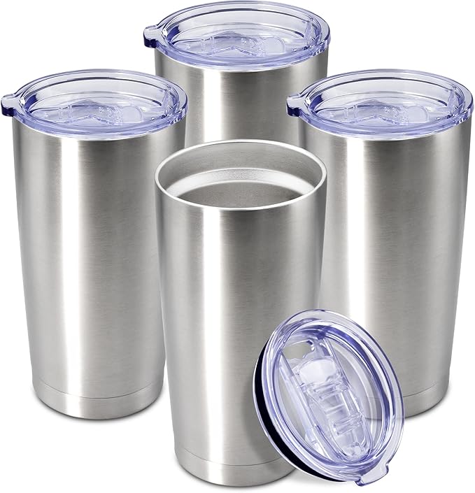 20 oz Tumbler Coffee Tavel Tumblers Bulk with Lid Stainless Steel Double Wall Vacuum Insulated Mug Powder Coated Cups fit Car Cupholder for Hot and Cold - Stainless Steel, 4Pack
