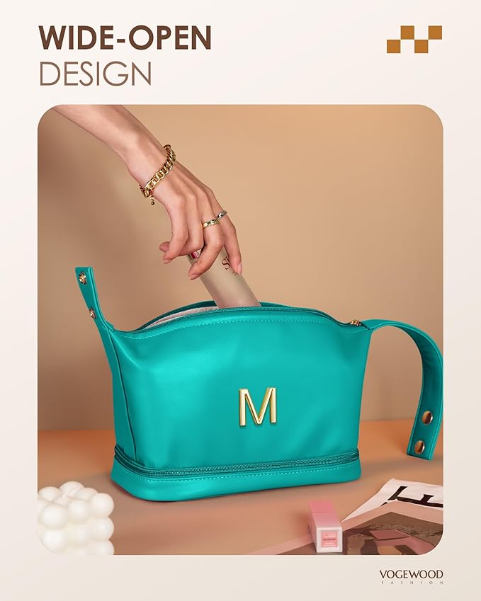 Gifts for Women 30s, Personalized Makeup Bag with Handle, Initial Double Layer Cosmetic Bag with Makeup Brush Organizer, Cute Cosmetic Pouch for Women, Gifts for Friends Female Mom