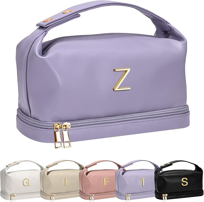 Initial Makeup Bag Personalized Bags with Handle, Waterproof Double Layer Cosmetic Bag, Large Capacity PU Leather Makeup Bags Letter Travel Toiletry Bag with Makeup Brush Organizer