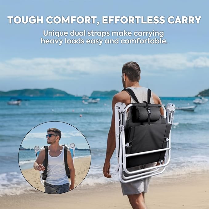 ICECO Backpacking Beach Chairs for Adults, 5 Positions Reclining Chair, Heavy Duty Folding Chairs, Portable Lay Flat Outdoor Chair with Cup Holder for Beach, Camping, Lawn, 350lb Capacity