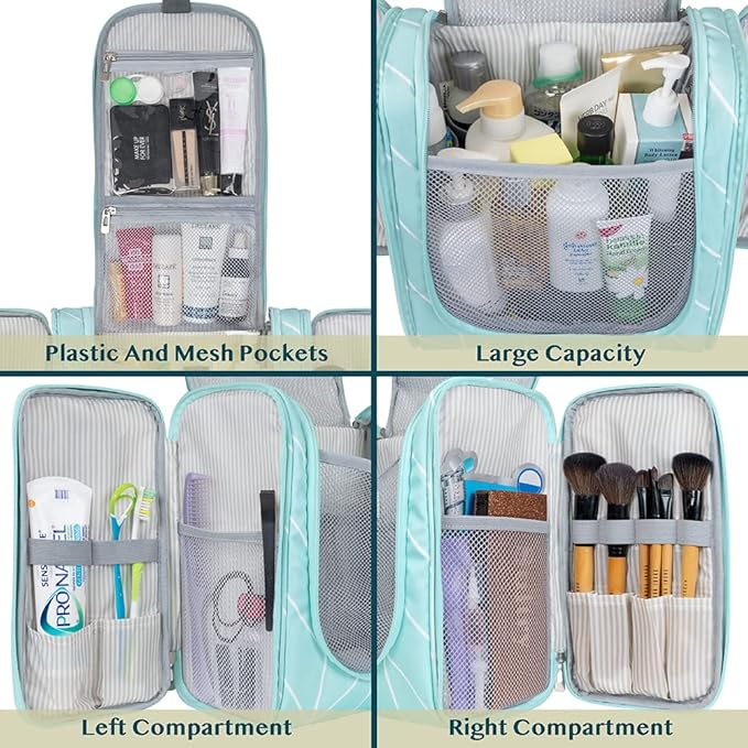 PAVILIA Extra Large Toiletry Bag Travel Bag for Women Men, Hanging Cosmetic Organizer, Water Resistant Makeup Bag for Accessories Toiletries, Travel Essentials Kit (Teal Chevron)