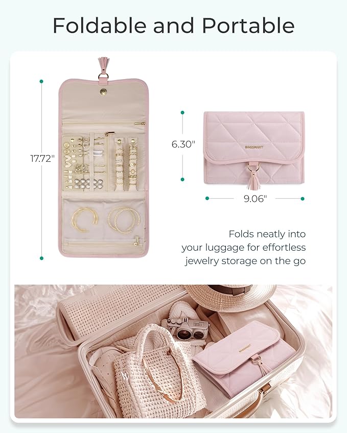 BAGSMART Travel Jewelry Case Organizer, Roll Foldable Jewelry Case for Journey-Rings, Necklaces, Earrings, Bracelets, Brooches, Portable Travel Essentials, Purple